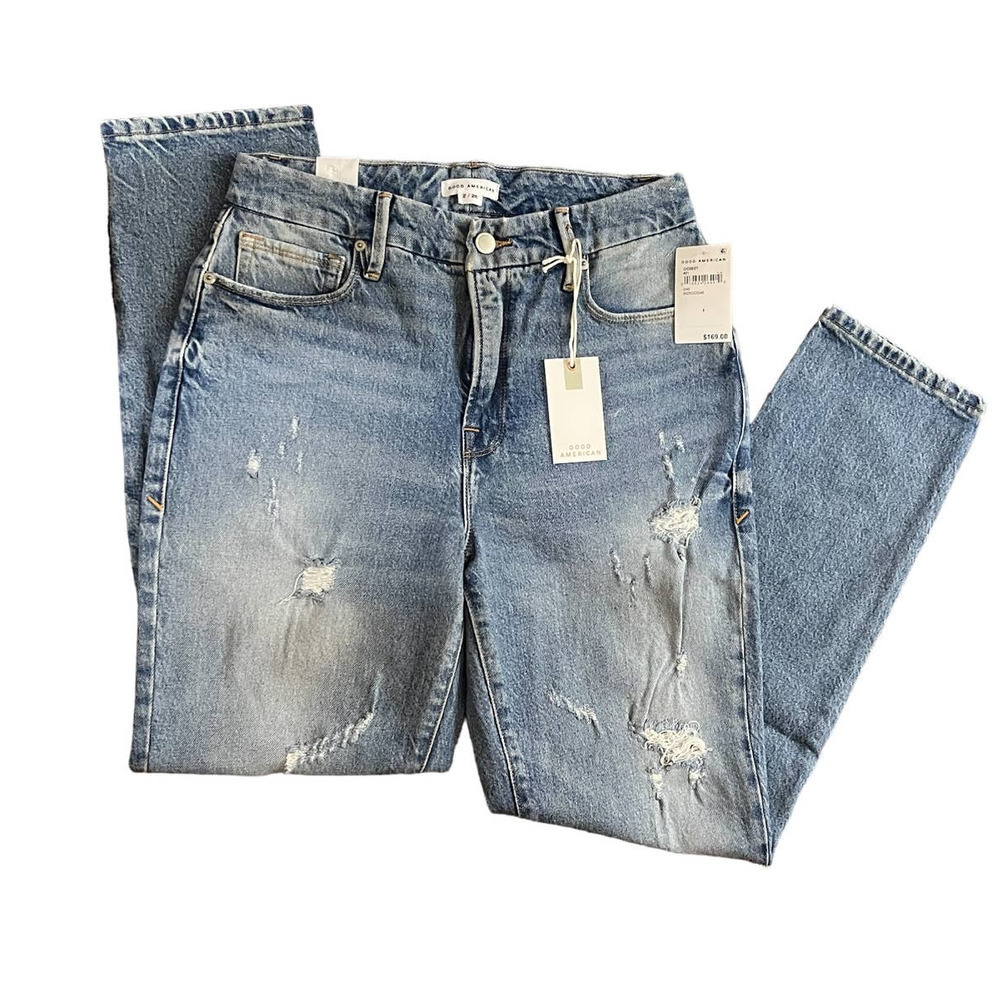 Good American Good Classic Womens Jean Size 2/26 Hi-Rise Lt Blue Wash Distressed